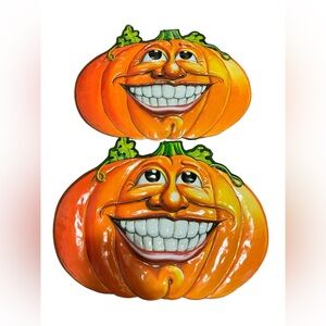 VTG Halloween Beistle Plastic Smiling JOL Pumpkins 3D Wall Hang 1998 Lot Of 2